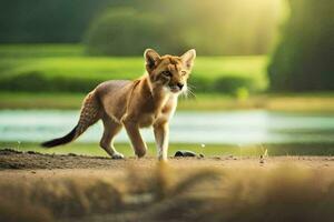 a young red fox walking across the sand. AI-Generated photo