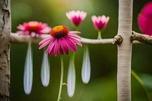 a pink flower is sitting on a branch. AI-Generated photo