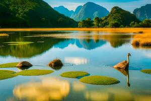 a swan is floating in a lake surrounded by green plants. AI-Generated photo