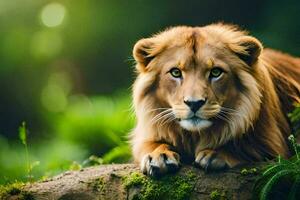 a lion is sitting on a rock in the forest. AI-Generated photo