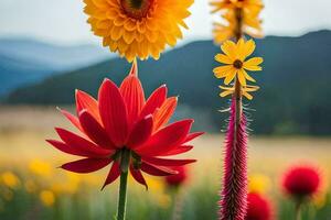 un campo de flores con un montaña en el antecedentes. generado por ai foto