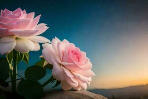 two pink roses are on a rock in front of a sunset. AI-Generated photo