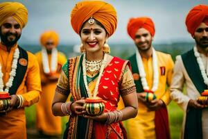 a bride and groom in traditional indian attire. AI-Generated photo