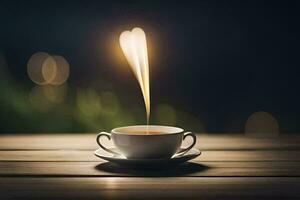 a cup of coffee with a heart shaped light. AI-Generated photo