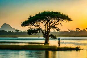 a lone tree stands in the middle of a lake at sunset. AI-Generated photo