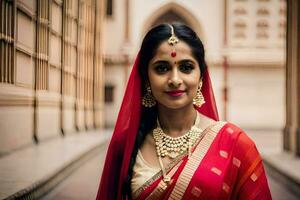 a beautiful indian woman in a red sari. AI-Generated photo