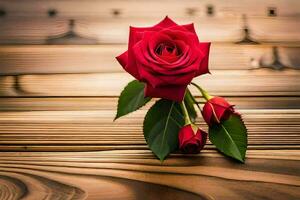 red rose on wooden table. AI-Generated photo