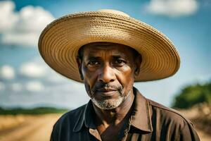 un hombre vistiendo un Paja sombrero soportes en el medio de un campo. generado por ai foto