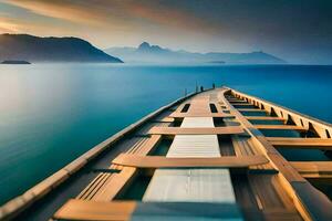 a long wooden pier in the ocean at sunset. AI-Generated photo