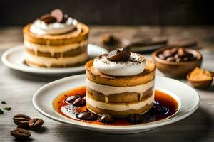 dos postres en blanco platos con café frijoles. generado por ai foto