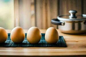five eggs on a table next to a pot. AI-Generated photo