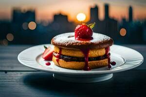a strawberry and a pancake on a plate with a cityscape in the background. AI-Generated photo