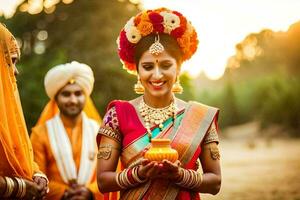 un novia en tradicional indio atuendo participación un vela. generado por ai foto