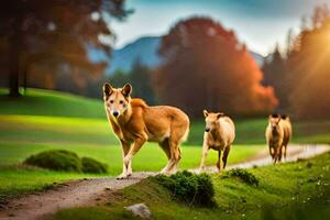 three brown dogs walking on a path in the grass. AI-Generated photo