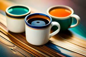 Tres café tazas con diferente colores en un de madera mesa. generado por ai foto