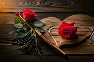 roses on a wooden table with a heart shape. AI-Generated photo