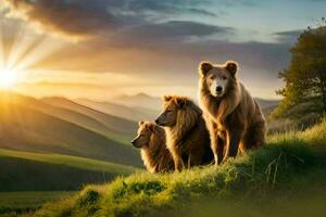 photo wallpaper the sky, mountains, sunset, lions, the sun, the animals, the animals. AI-Generated