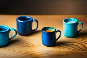 four blue coffee mugs on a wooden table. AI-Generated photo