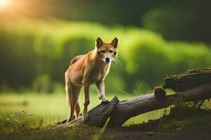 a dog standing on a log in the middle of a field. AI-Generated photo