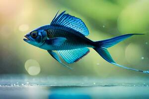 a blue fish is flying over water. AI-Generated photo