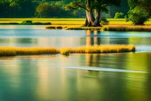 a tree in the middle of a lake with grass and water. AI-Generated photo