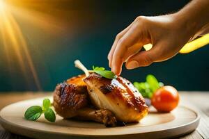 a person is holding a piece of chicken on a plate. AI-Generated photo