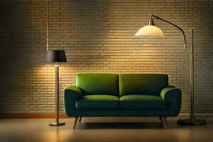 a green sofa and lamp in front of a brick wall. AI-Generated photo