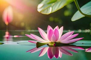 rosado loto flor en agua con verde hojas. generado por ai foto