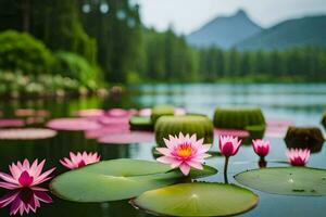 rosado loto flores en el agua con verde hojas. generado por ai foto