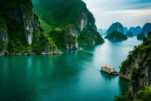 the boat is sailing through the water near some cliffs. AI-Generated photo
