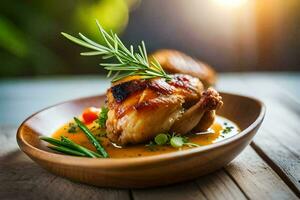 chicken breast with gravy and vegetables on a wooden plate. AI-Generated photo