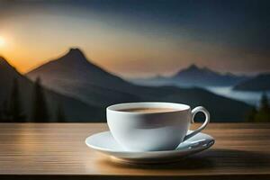 a cup of coffee on a table in the mountains. AI-Generated photo