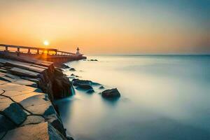 a long exposure photograph of a lighthouse on the shore. AI-Generated photo