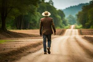 a man in a cowboy hat walks down a dirt road. AI-Generated photo