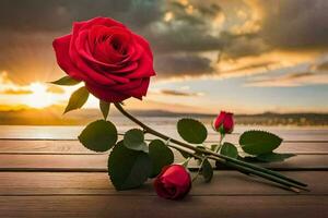 dos rojo rosas en un de madera mesa con puesta de sol en el antecedentes. generado por ai foto