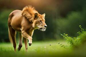 a lion running across a field with a green background. AI-Generated photo