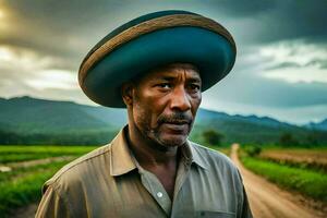 un hombre vistiendo un sombrero en un suciedad la carretera. generado por ai foto