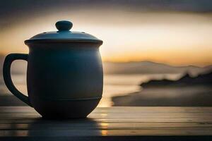 un café maceta se sienta en un mesa en frente de un puesta de sol. generado por ai foto