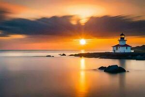 un faro es visto en el puesta de sol con nubes en el antecedentes. generado por ai foto