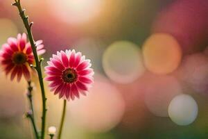 dos rosado flores son en frente de un borroso antecedentes. generado por ai foto