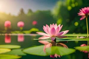 rosado loto flores en el agua con verde hojas. generado por ai foto