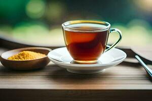 a cup of tea and a bowl of turmeric. AI-Generated photo