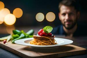 a man sitting at a table with a plate of food. AI-Generated photo