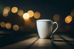 a coffee cup on a table in front of a blurred background. AI-Generated photo
