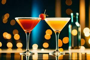 two cocktails on a table with bokeh lights. AI-Generated photo