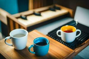 two coffee cups on a table with a wooden tray. AI-Generated photo
