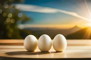 three eggs on a table with the sun in the background. AI-Generated photo