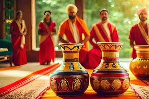 indio Boda ceremonia con hombres en tradicional atuendo. generado por ai foto