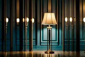 a row of lamps in a dark room. AI-Generated photo