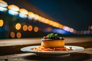 a plate of food sitting on a table with a blurry background. AI-Generated photo